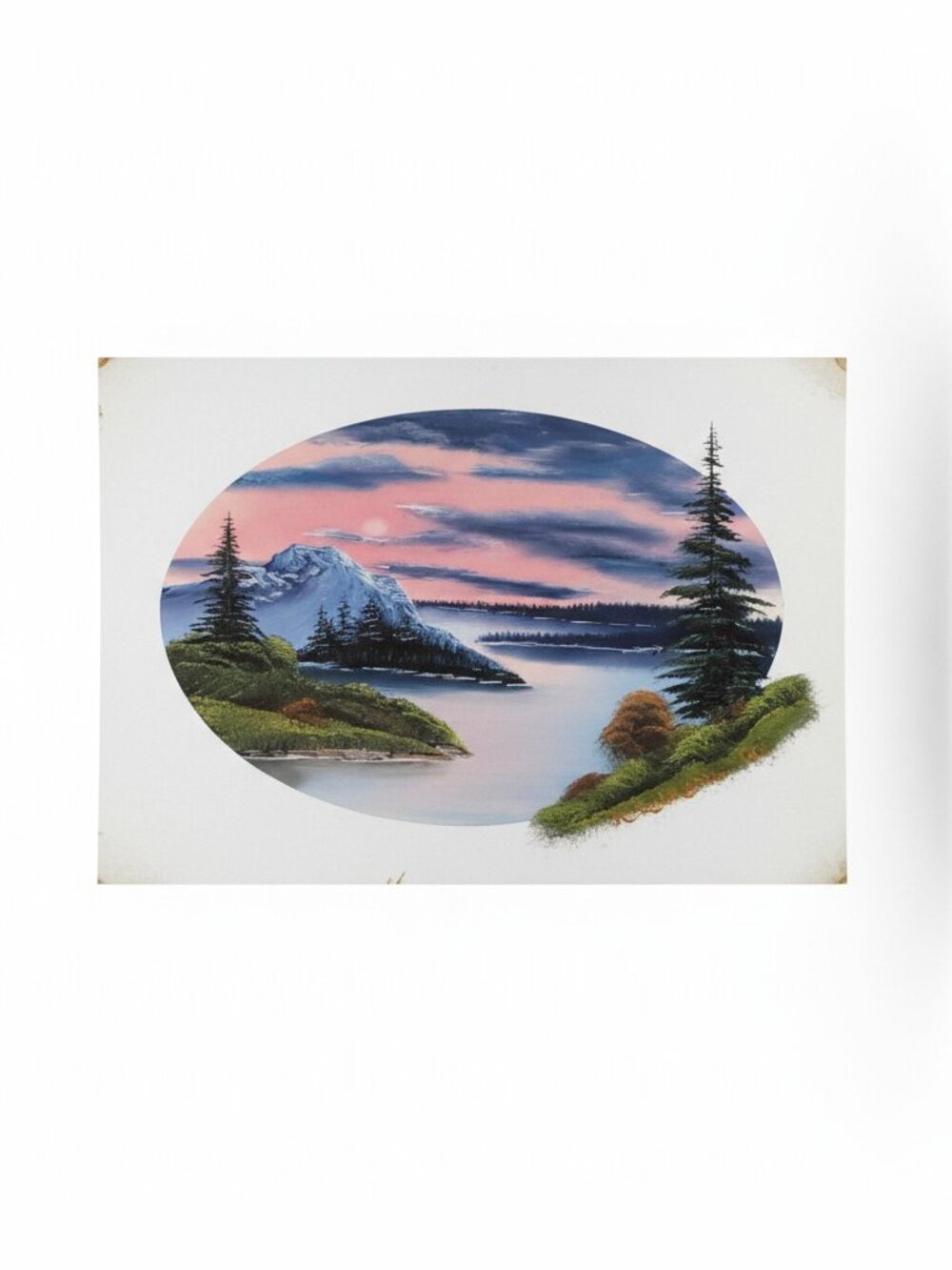 Vintage Oval Mountain Sunset Lake Landscape Oil Painting